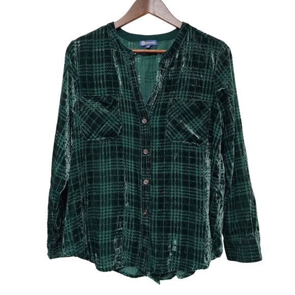 Democracy Tops - Democracy Velvet Burnout Button-Up Top Sz S Green Plaid Grunge Y2k Dark Academia